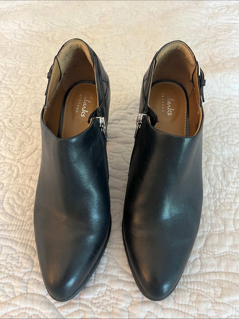 Clarks Black Leather Side Zip Booties